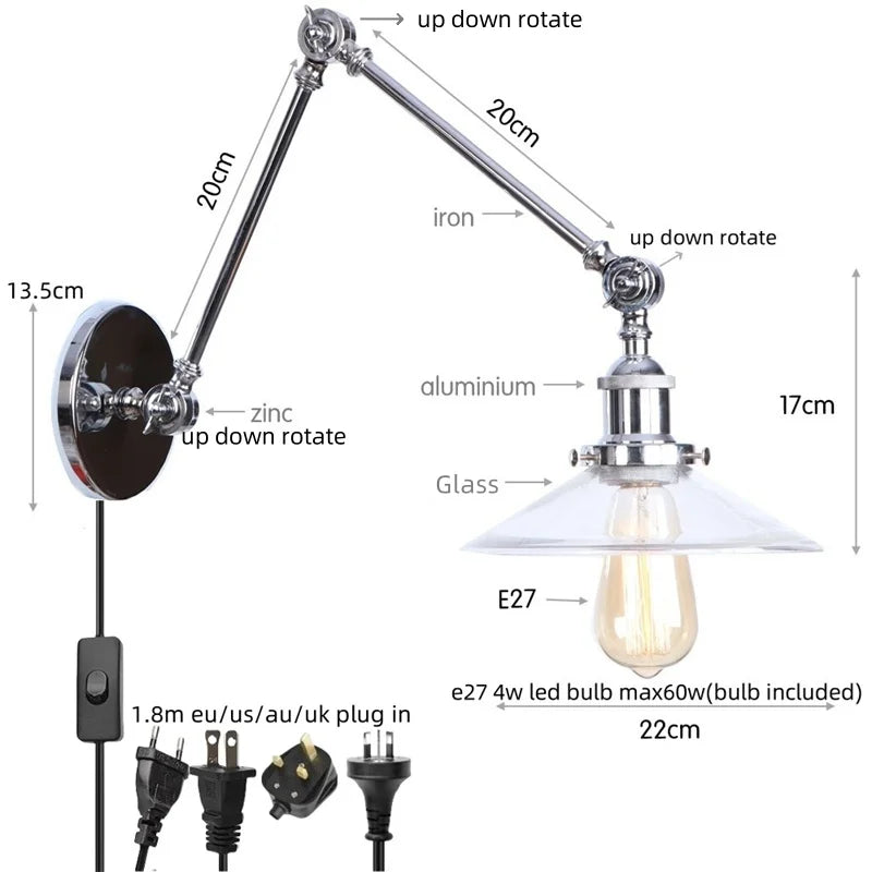 Decorbites™ Industrielles Loft Schwenkarm-LED-Wandleuchte Glas Vintage Spiegel-Lampe