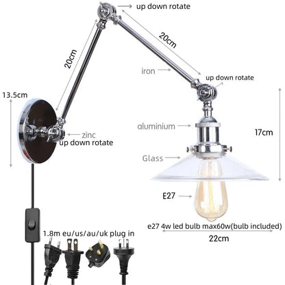 Decorbites™ Industrielles Loft Schwenkarm-LED-Wandleuchte Glas Vintage Spiegel-Lampe