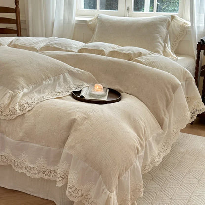 Decorbites™ Jacquard-Leinen-Baumwoll-Bettwäsche-Set mit Rüschen und französischer Spitze in natürlichem Hautton