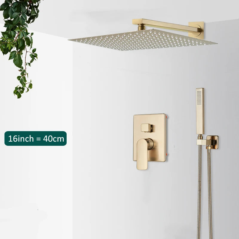 Quyanre Brushed Gold Shower Faucets Set Bathroom Wall Mounted Shower System Embedded Box Shower Mixer Tap Rainfall Shower Faucet
