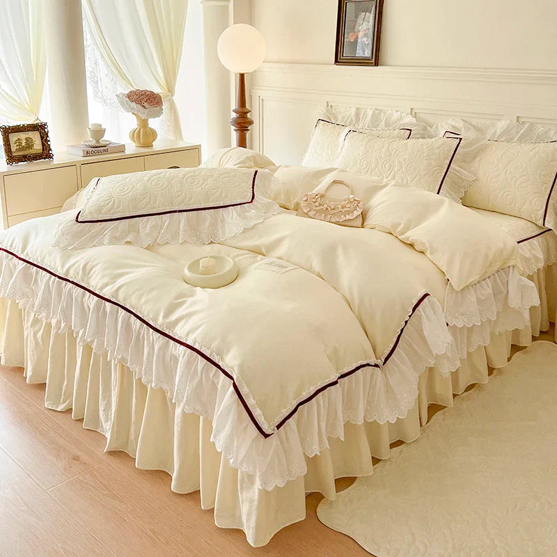 Decorbites™ Spitzen-Volants-Bettwäsche-Set: 4-teilig, einfarbiges Prinzessinnen-Bettüberzug, Bettrock, 100% Baumwoll-Kissenbezug