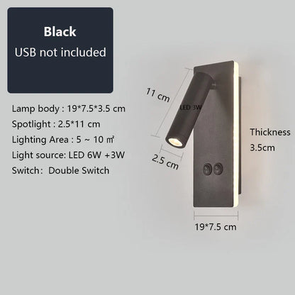 Decorbites™ Schwarz-Messing LED-Wandleuchte mit USB-Anschluss & Schalter - 3W-Scheinwerfer für das Schlafzimmer