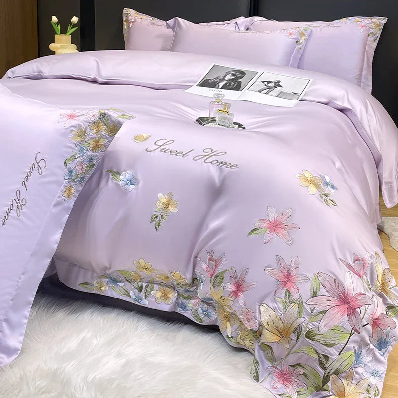 Decorbites™ Blumen-Stickerei Seidenbettwäsche-Set mit Steppdeckenbezug und Spannbettlaken