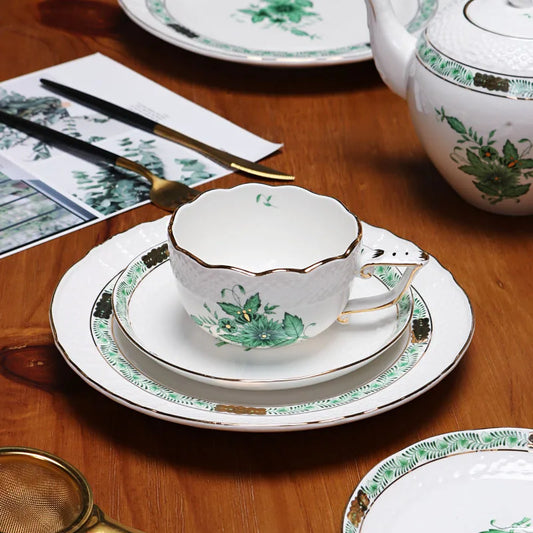 Decorbites™ Grüne Pflanzenmuster Keramik-Teetassenservice mit Löffel und Teller – Perfekt für die englische Nachmittagstee-Zeit