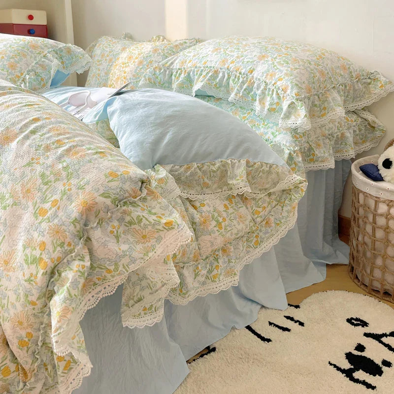 Decorbites™ Korean Lace Ruffles Bettwäsche-Set mit Bettrock, weiches hautfreundliches Material