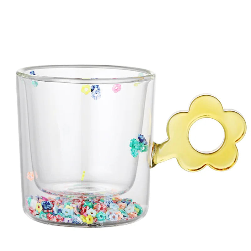 DecorBites™ 250ml doppelwandige Glastasse mit Glitzerblumen und Blumengriff
