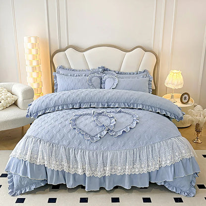 Decorbites™ Koreanische Prinzessin-Stil-Bettwäsche-Set mit Spitzenvolants und Liebesthema