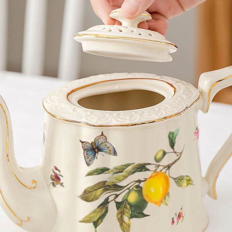 DecorBites™ Gold Edge Cup & Saucer Set: Lemon Teapot, Coffee Mug, Ceramic Plates & Drinkware
