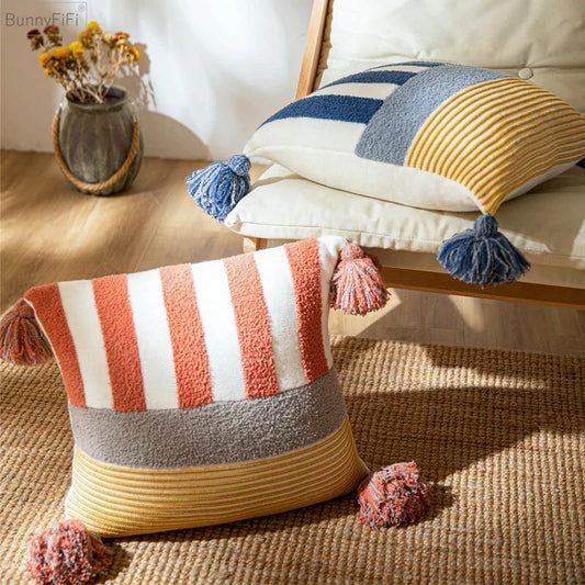 Decorbites™ Strickt gestreifte Kissenbezug 45x45 cm mit blauen und pinken Troddeln für die Heimdekoration