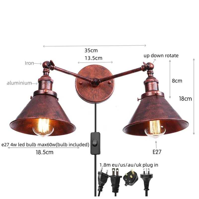 Decorbites™ Industrielle Vintage LED Wandlampe 2 Köpfe Gold Eisen Loft Wandlampen