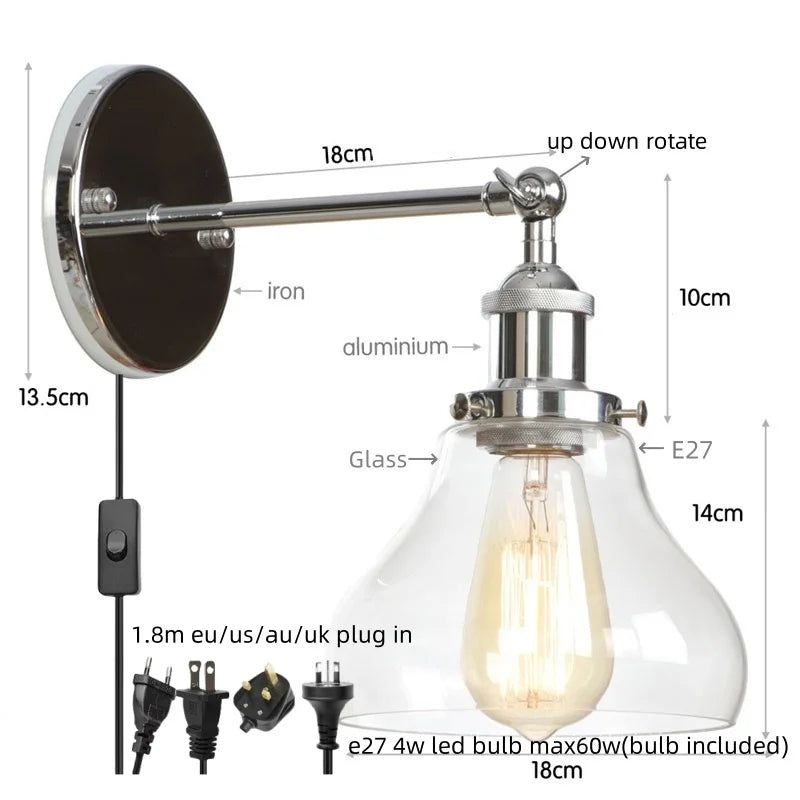 Decorbites™ Industrielle Vintage-Silber-Glas-Wandleuchte für Schlafzimmer Küche Balkon Nachttisch