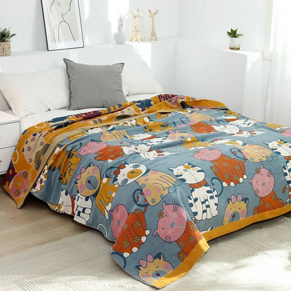 DecorBites™ Kawaii Cat Cartoon Throw Blanket - Soft Double Cotton Quilt