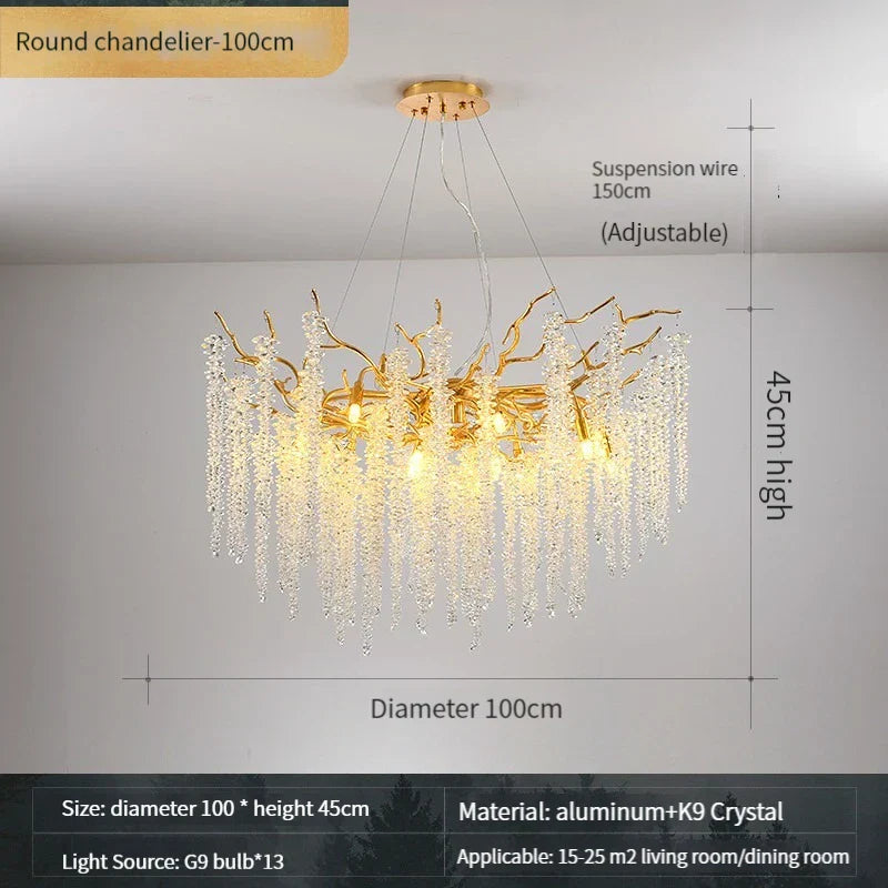 Gold Crystal Branch Chandelier Silver Body D100cm