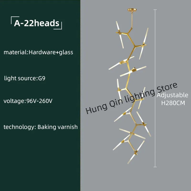 Gold Branch LED Chandelier For Staircase