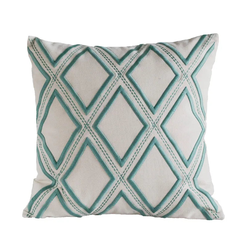 DecorBites™ Geometric Embroidery Cushion Cover Navy Blue White Yellow 50x50cm Home Decor Pillow
