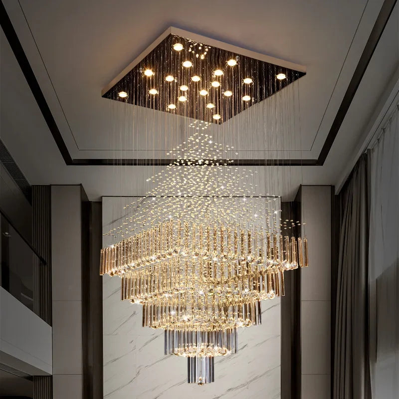 Decorbites™ Kristall-Deckenleuchter: Moderne säulenförmige Hängeleuchte mit quadratischer Basis für Wohnzimmer & Treppenhaus