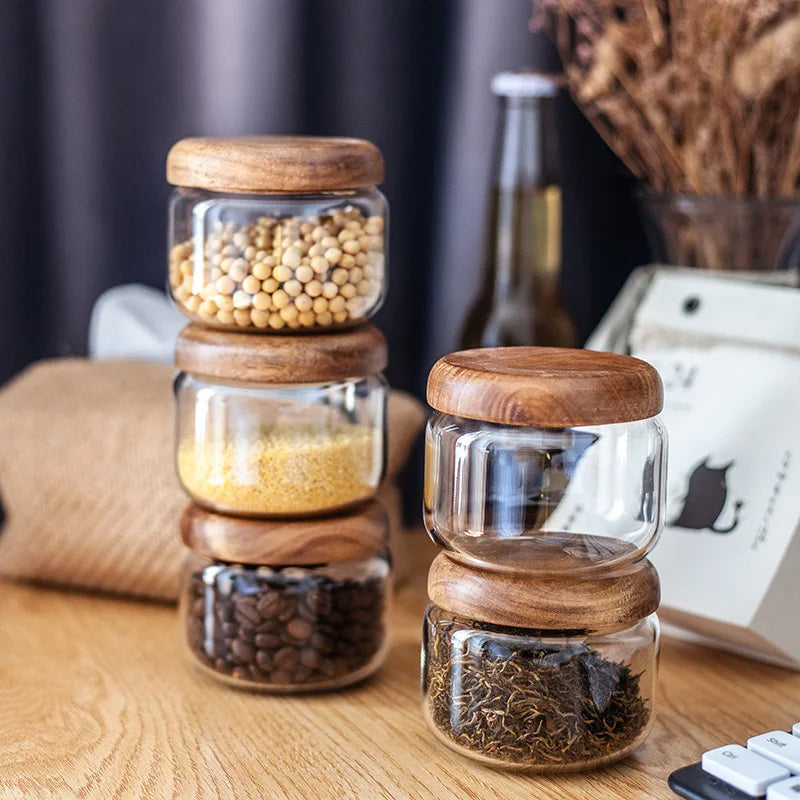 Decorbites™ Akazienholz-Deckel Klar-Glas-Vorratsglas 300ml für Trockenlebensmittel Snacks Süßigkeiten Gewürze Glas