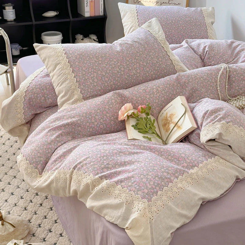 Decorbites™ Lavendel-Spitzen-Bettwäsche-Set: Einzelne Queen-Größe Steppdecke, Laken, Kissenbezüge
