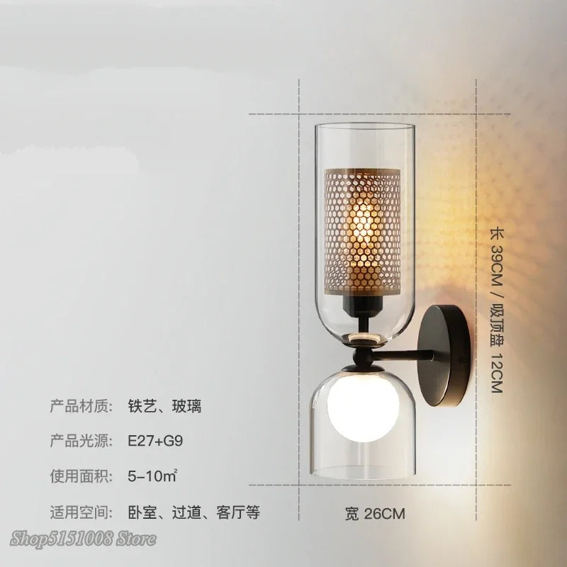 Decorbites™ Doppeltköpfige Eisennetz-Glas-Wandlampe für moderne Beleuchtung und Heimdekoration