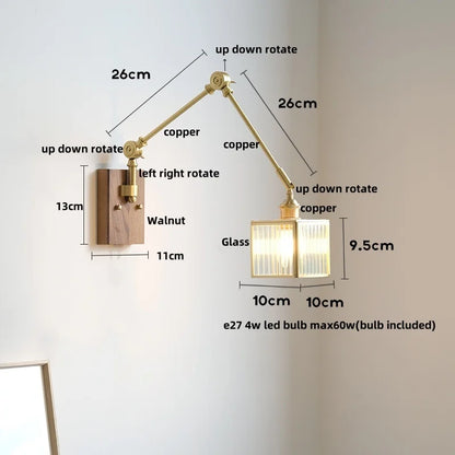 DecorBites™ LED Walnut Wood Cube Glass Wall Light with Pull Chain Switch