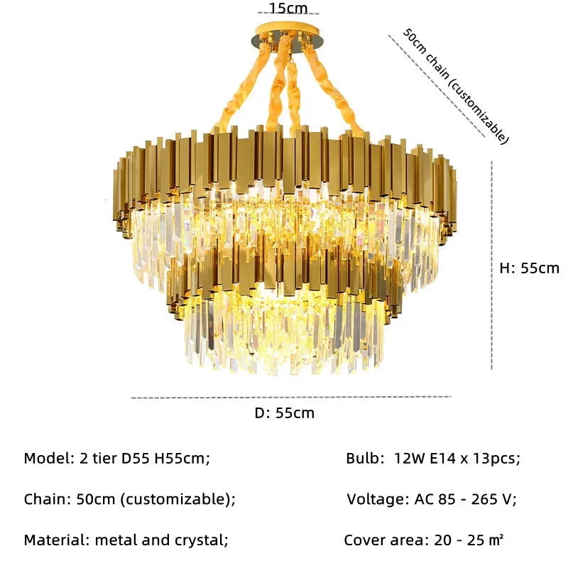 Gold Crystal LED Pendant 18-Light 2-Tier Design
