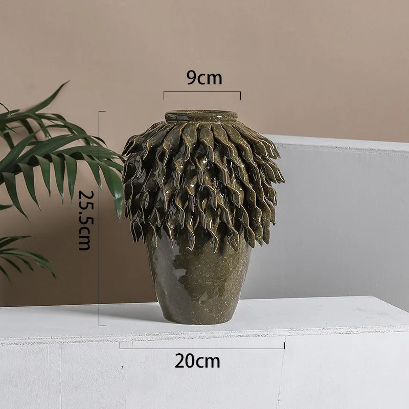 Decorbites™ Blattrelief-Keramikvase: Handgefertigter 3D-Blumenarrangement-Topf