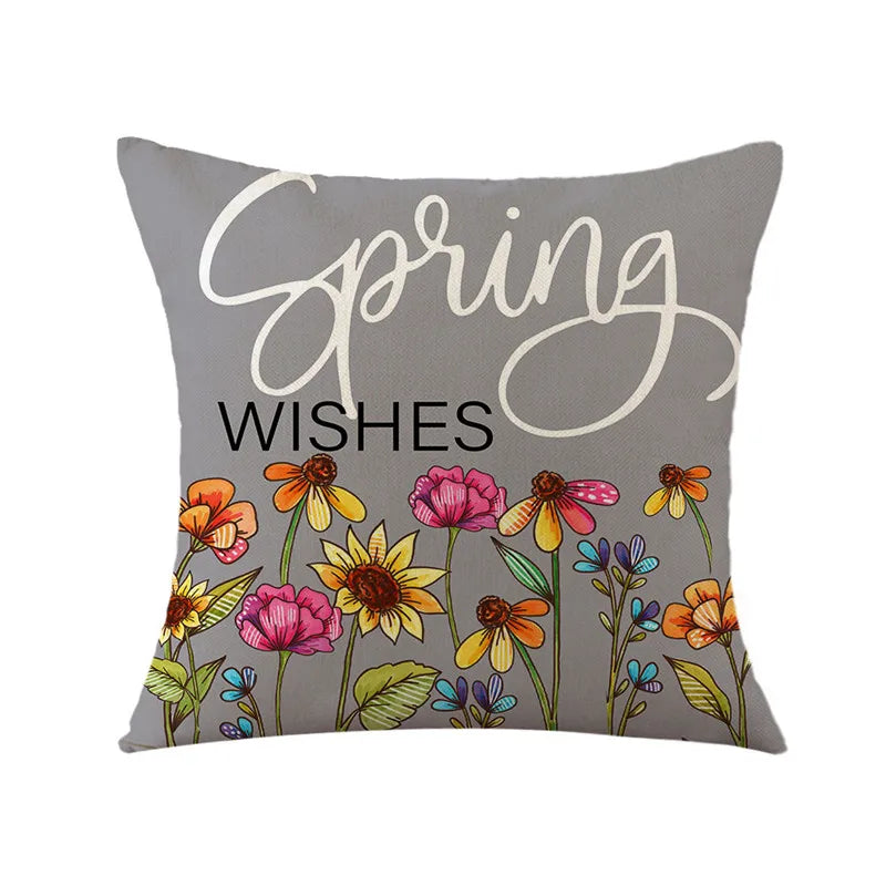 DecorBites™ Easter Bunny Rabbit Linen Cushion Cover 45x45cm - Flower Print Festival Pillowcase