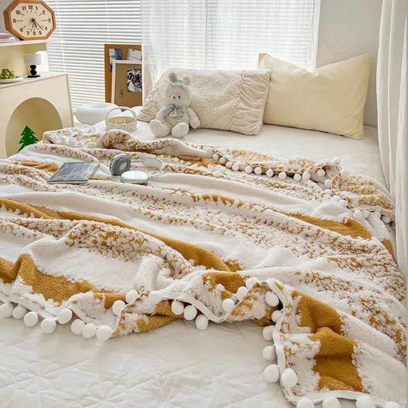 Decorbites™ Jacquard Flauschiger Ball-Spitzen-Decke | Doppelseitig Flauschig Warme Sofabezug