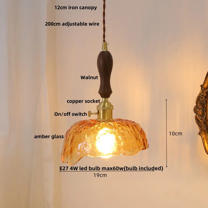 DecorBites™ Green Glass Walnut Wood LED Pendant Light, Nordic Modern Hanging Lamp