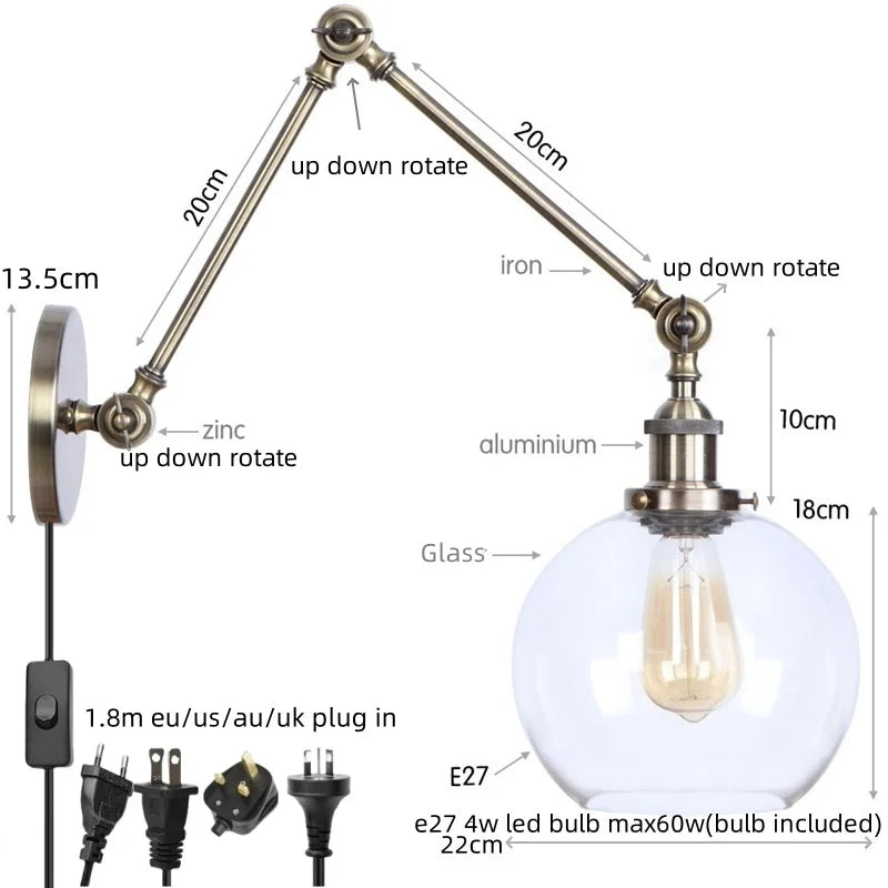 Decorbites™ Industrielle Schwenkbare Loft-Lampe mit Vintage-Design und klarem Glas-Spiegel-Licht