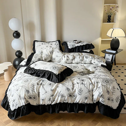 Decorbites™ Französisches Vintage Schwarz Rüschen Bettbezugsset mit Kissenbezügen, Nordisches Luxus Blumen Pflanzen Bettwäsche-Set
