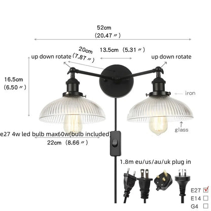 DecorBites™ Industrial LED Wall Light Fixture with Glass Pull Chain Switch - 2 Heads