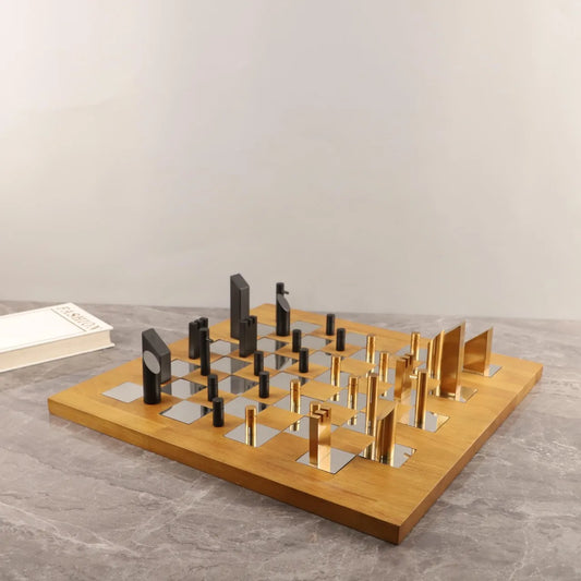 "DecorBites™ Geometrisches Block-Schachspiel - Holz-Metall-Schachbrett Heimdekor"