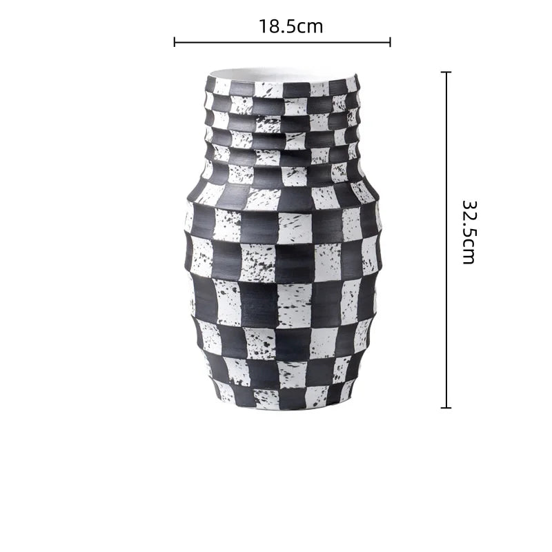 Decorbites™ Schwarzes Karo Geometrisches Gestreiftes Keramikvasen - Handgefertigter Blumenarrangement-Topf