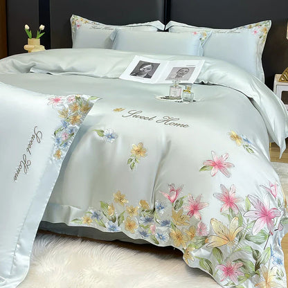 Decorbites™ Blumen-Stickerei Seidenbettwäsche-Set mit Steppdeckenbezug und Spannbettlaken
