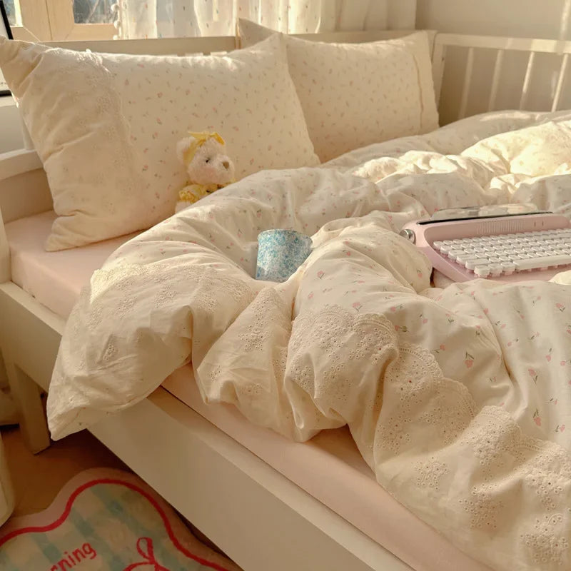 Decorbites™ Spitzenbettwäsche-Set mit Daunendeckelbezug 4 Teile Französisches gewaschenes Baumwollgewebe für Einzel- und Doppelbetten