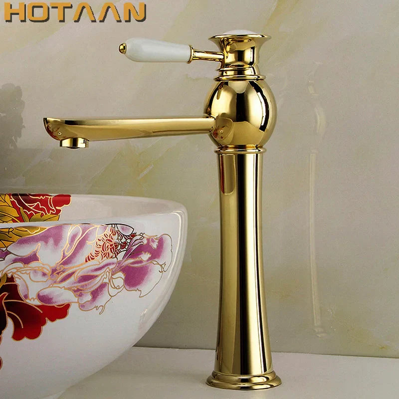 Gold Ceramic Basin Faucet Deck-Mounted Design
