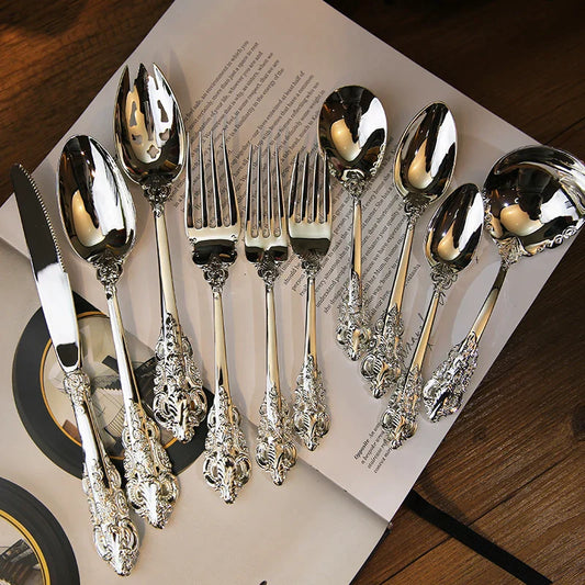 Decorbites™ Barock-Silber-Besteck-Set, Küchenbesteck Messer Gabel Löffel, 10 Stk.