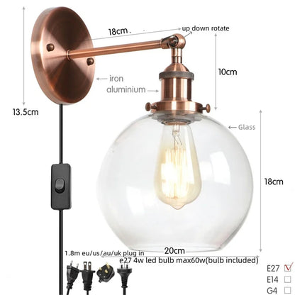 Decorbites™ Glasgloben-LED-Wandleuchte mit einarmiger Armatur Nachttischlampe im Vintage-Industrial-Stil