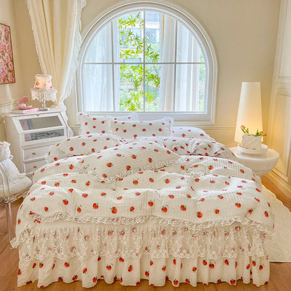 Decorbites™ Französische Spitzen-Volants-Seersucker-Bettset: 4-Tlg. Prinzessinnen-Bettwäsche Quiltbezug