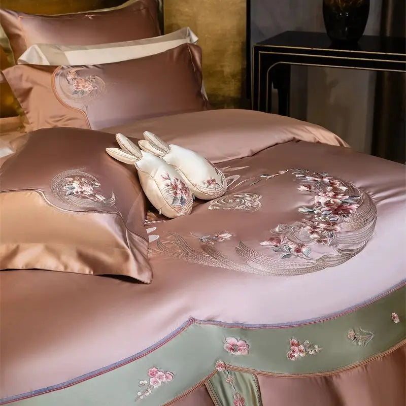 Decorbites™ Elegantes Blumenstickerei-Brokat-Baumwoll-Bettwäsche-Set – Bettbezug, Laken, Kissenbezüge