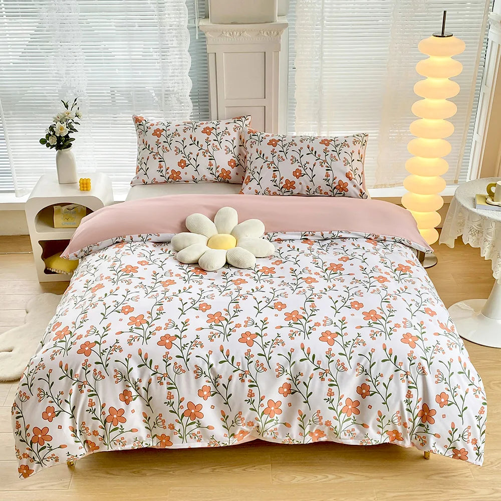 DecorBites™ Green Flower Print Bedding Set with 2 Pillowcases - Queen/King Size