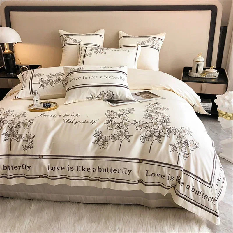 DecorBites™ French Embroidered Cotton Bedding Set Queen Duvet Cover Luxury 100s, High-End Quality