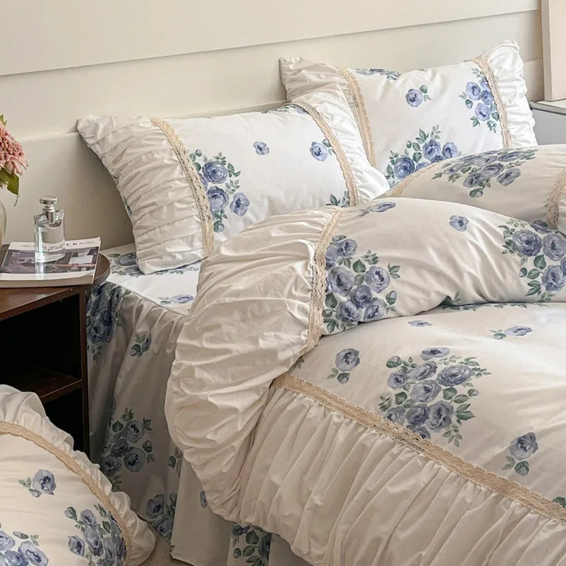 DecorBites™ French Pastoral Princess Lace Bedding Set with Ruffles, 100% Cotton, Queen King