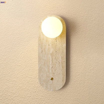 Decorbites™ LED-Tastenschalter-Wandleuchte in Gelbem Travertin mit Weißem Glas - Modernes Nordisches Design