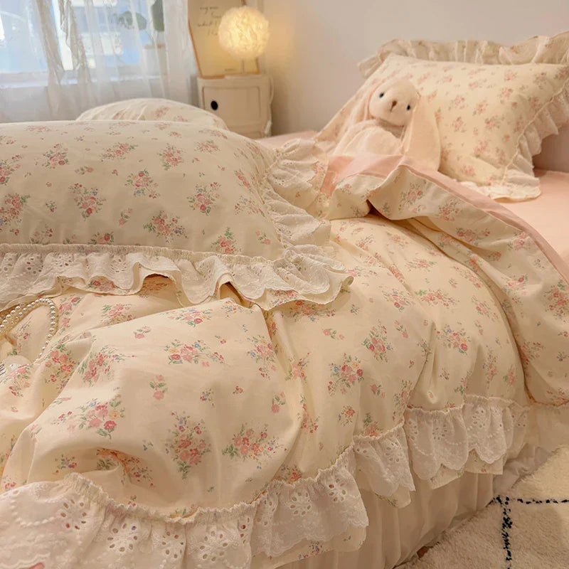 Decorbites™ Koreanische Prinzessin-Stil Blumen-Spitzen-Volants-Bettwäsche-Set mit Kissenbezug