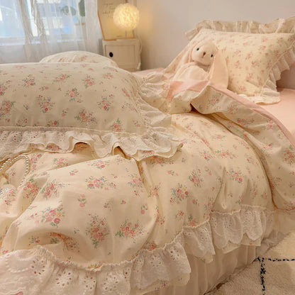 Decorbites™ Koreanische Prinzessin-Stil Blumen-Spitzen-Volants-Bettwäsche-Set mit Kissenbezug