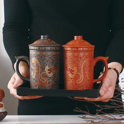 Decorbites™ Drachen-Lila-Ton-Teetasse mit Deckel und Sieb, handgefertigte Yixing-Teetasse