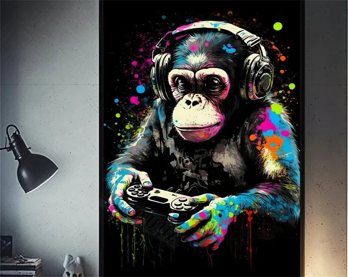 80s Retro Funny Monkey Player Gamepad Picture For Gaming Room Living Canvas Painting Print Wall Art Home Decor Aesthetics Poster