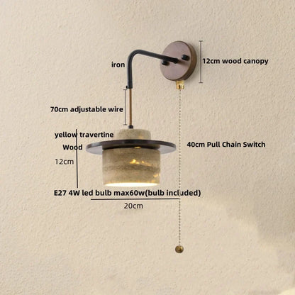 DecorBites™ Copper Wood LED Wall Sconce Yellow Travertine Stone Bedside Light